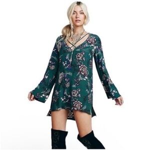 Free People Emerald Green Floral V-Neck Boho Tunic Dress Size SP